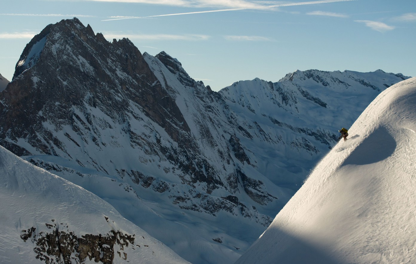 A skier descends in the French Alps.